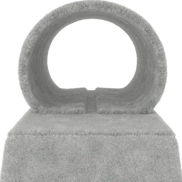 Light grey cat scratching post with plush tunnel on top