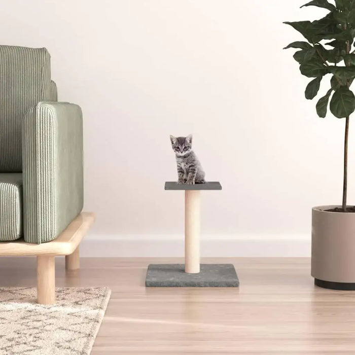 Grey kitten on light grey plush and sisal cat scratching post in modern living room