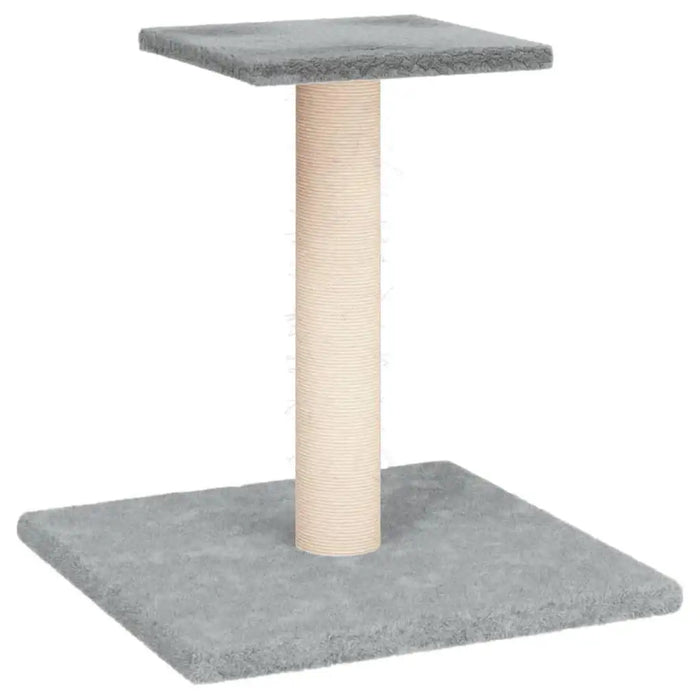 Light grey cat scratching post with plush base, sisal column, and platform design