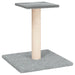 Light grey cat scratching post with plush base, sisal column, and platform design