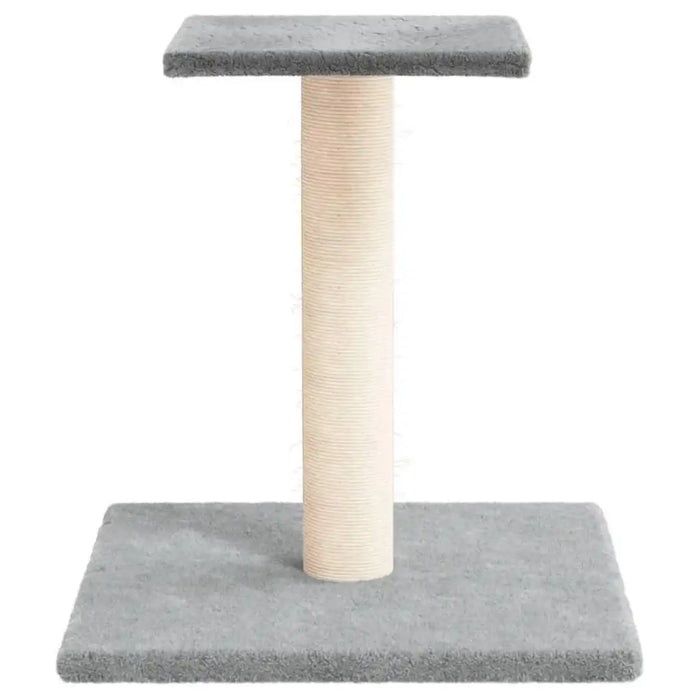 Light grey plush and sisal compact cat scratching post with platform design