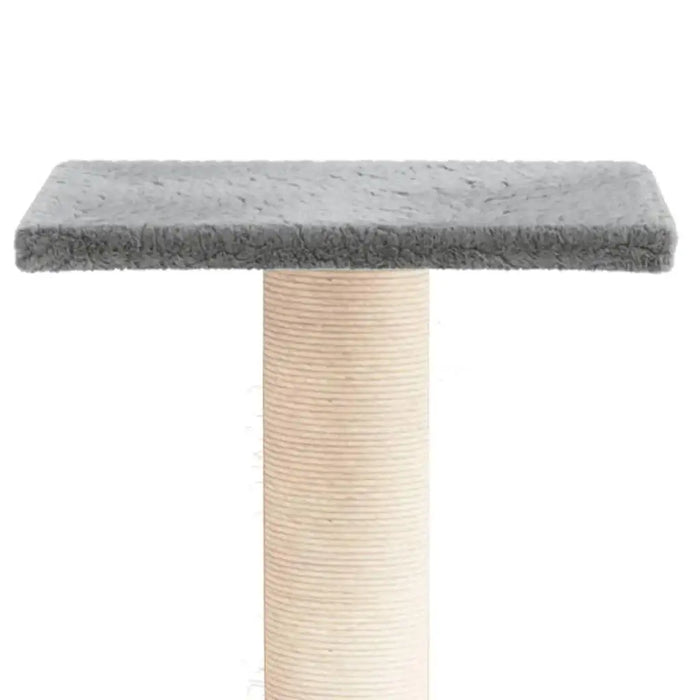 Light grey plush cat scratching post with sisal-wrapped pole and flat platform top.