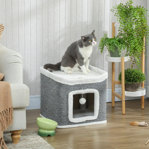 Cat Tower with Den, Top Bed and Fluffy Ball – Grey and White | Compact Cat Playground PAWHUT - Little and Giant Explorers PawHut
