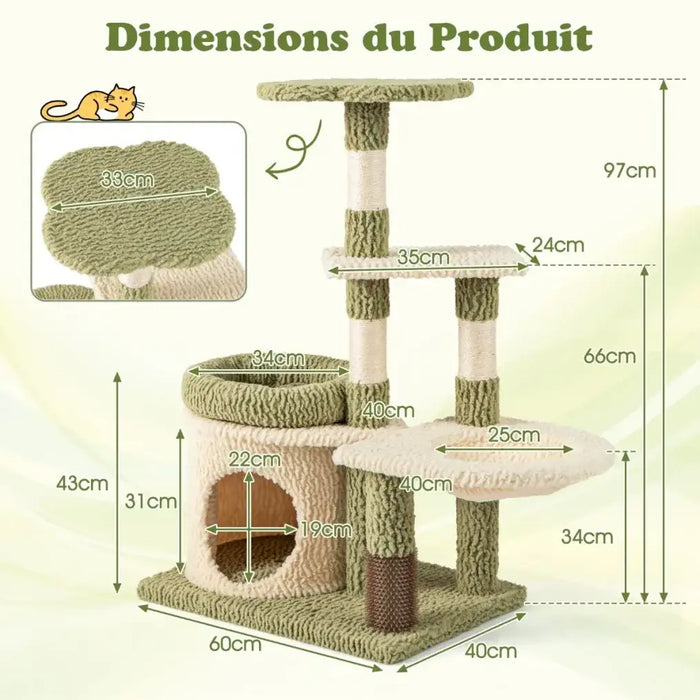 Cat Tree 97cm | Multi-Level Green and White Design with Integrated Self-Groomer COSTWAY - Little and Giant Explorers Costway