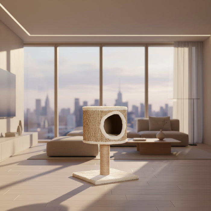 Beige compact cat tree with condo and seagrass scratch post in modern living room