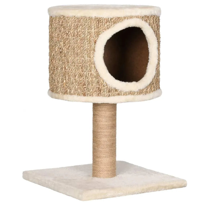 Beige compact cat tree with plush base, seagrass condo, and scratch post
