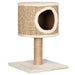 Beige compact cat tree with plush base, seagrass condo, and scratch post