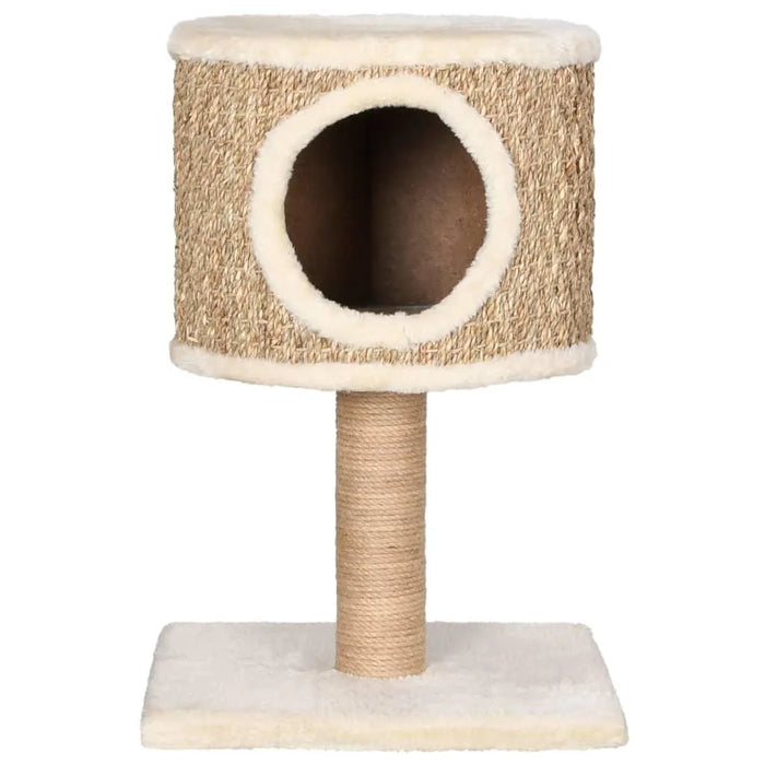 Beige compact cat tree with seagrass condo, sisal scratch post, and plush base
