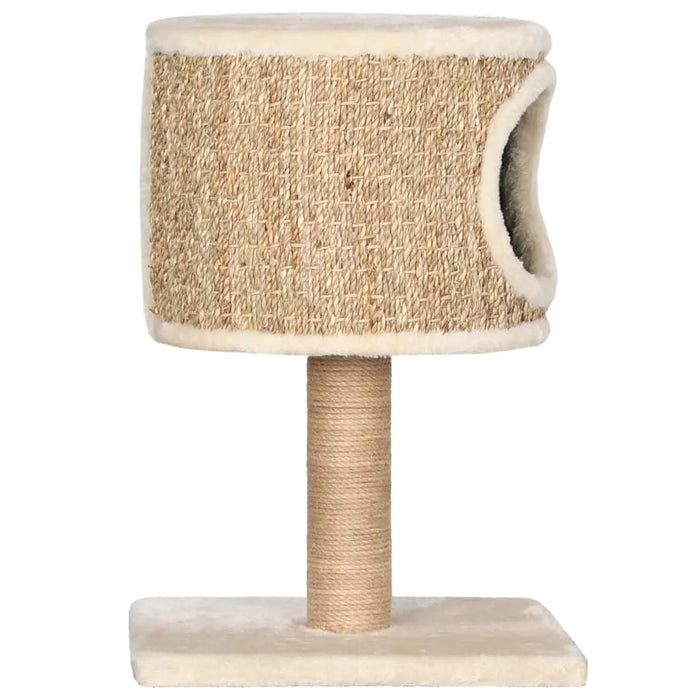 Beige cat tree with seagrass condo, compact design, plush base, and scratch post