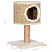 Beige compact cat tree with seagrass condo, scratch post, plush base, and size dimensions