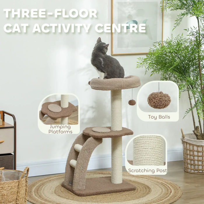 Cat Tree Brown White | Three-Tier with Cosy Cat House - Little and Giant Explorers PawHut