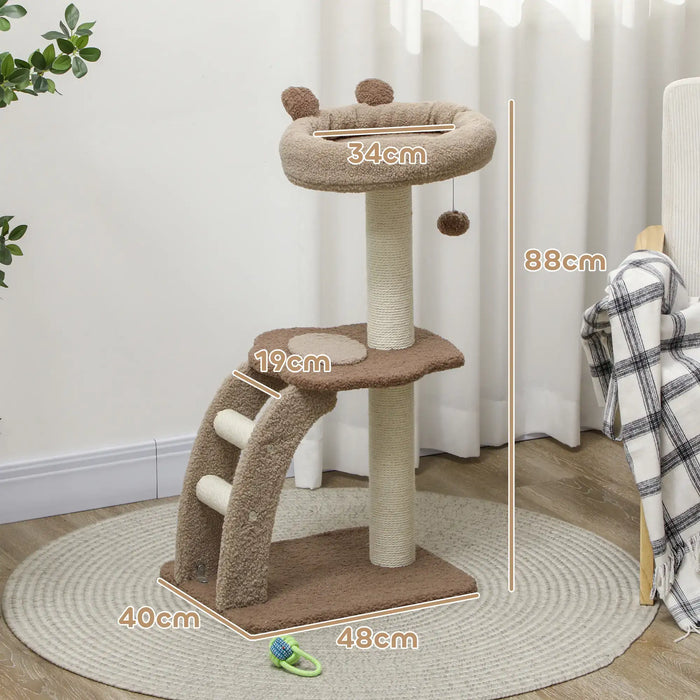 Cat Tree Brown White | Three-Tier with Cosy Cat House - Little and Giant Explorers PawHut