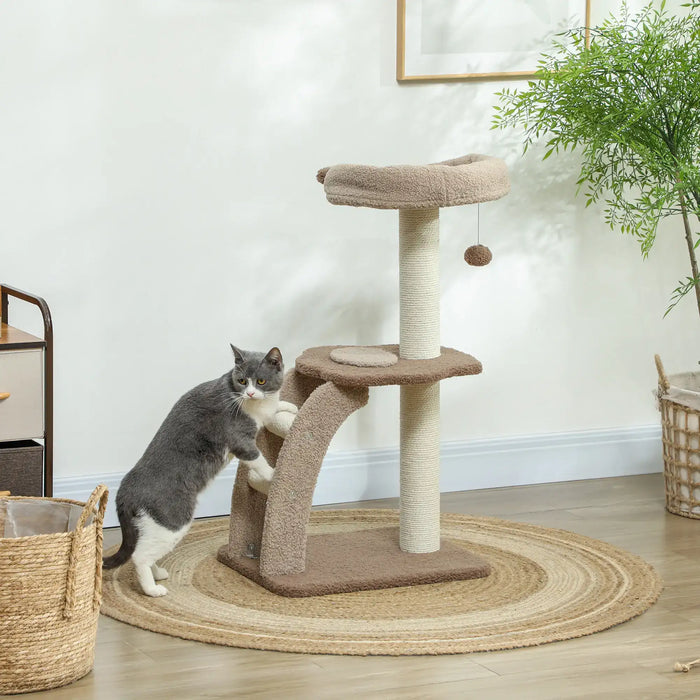 Cat Tree Brown White | Three-Tier with Cosy Cat House - Little and Giant Explorers PawHut