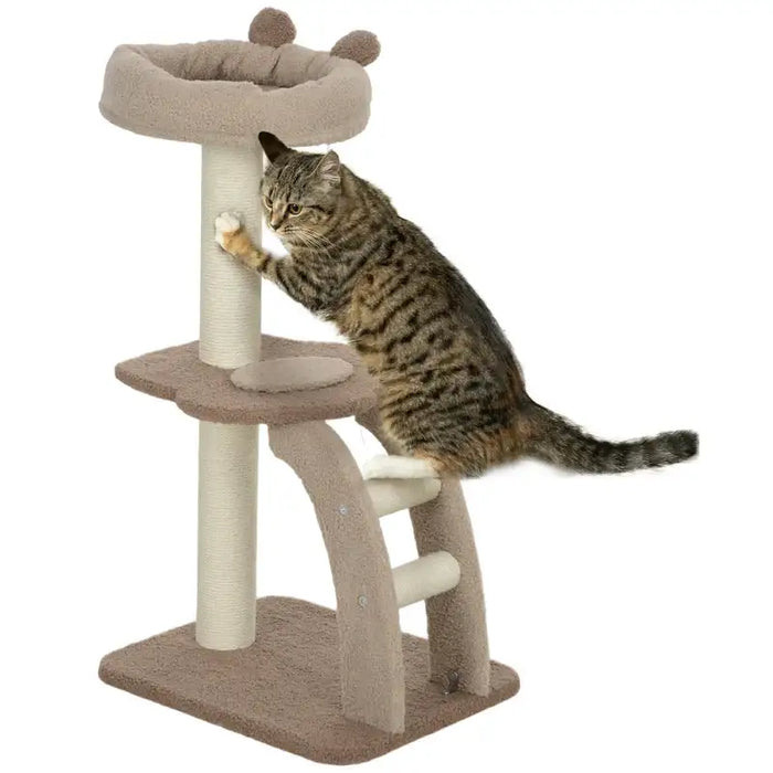 Cat Tree Brown White | Three-Tier with Cosy Cat House - Little and Giant Explorers PawHut