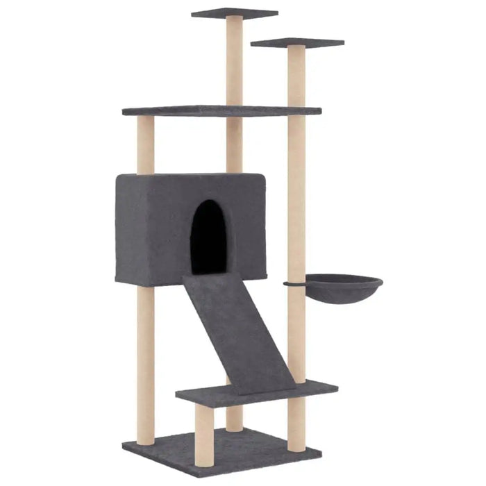 Dark grey multi-level cat tree tower with house, ladder, platforms, and hammock
