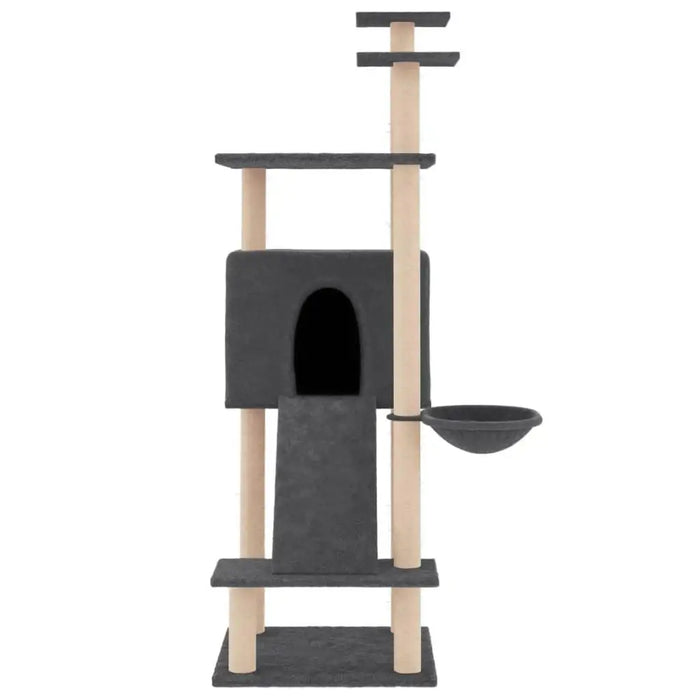 Dark grey multi-level cat tree tower with house, ladder and side hammock