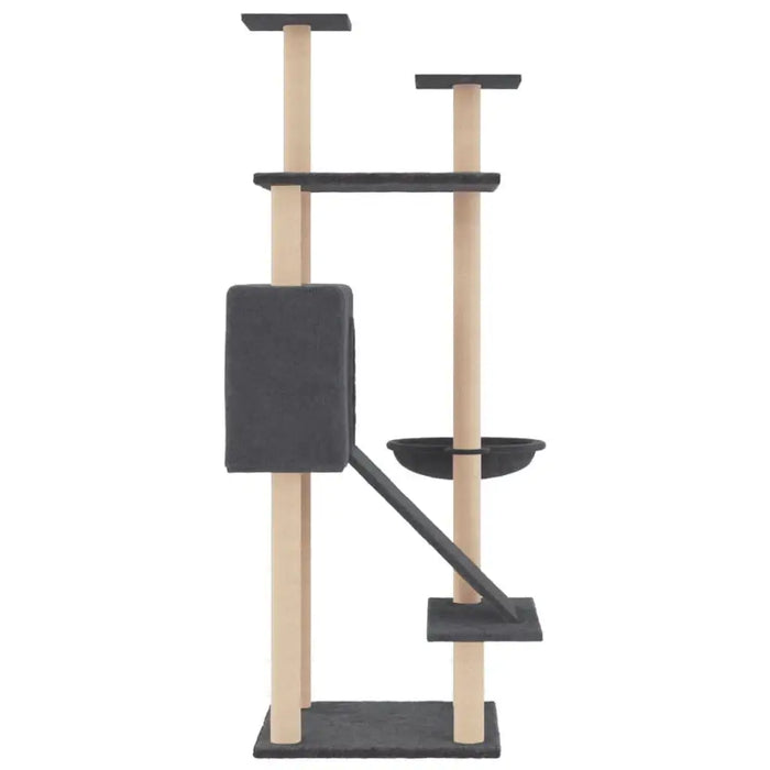 Dark grey multi-level cat tree tower with ladder, platforms, house, and hammock.