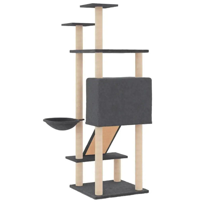 Multi-level dark grey cat tree tower with house, ladder, shelves, and hammock.