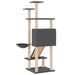 Multi-level dark grey cat tree tower with house, ladder, shelves, and hammock.