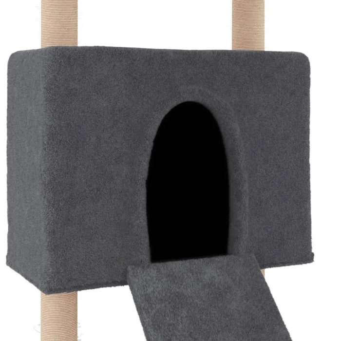 Dark grey cat tree house with ladder and sisal-wrapped scratching posts