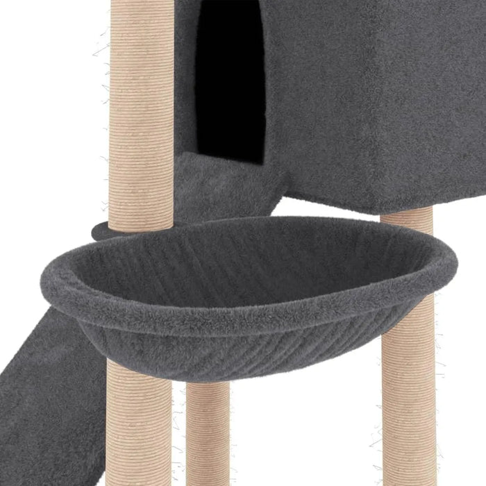 Dark grey cat tree with sisal posts, hammock, ladder, and enclosed cat house