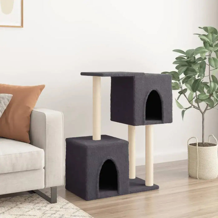 dark grey multi-level cat tree with sisal posts beside a sofa and indoor plant