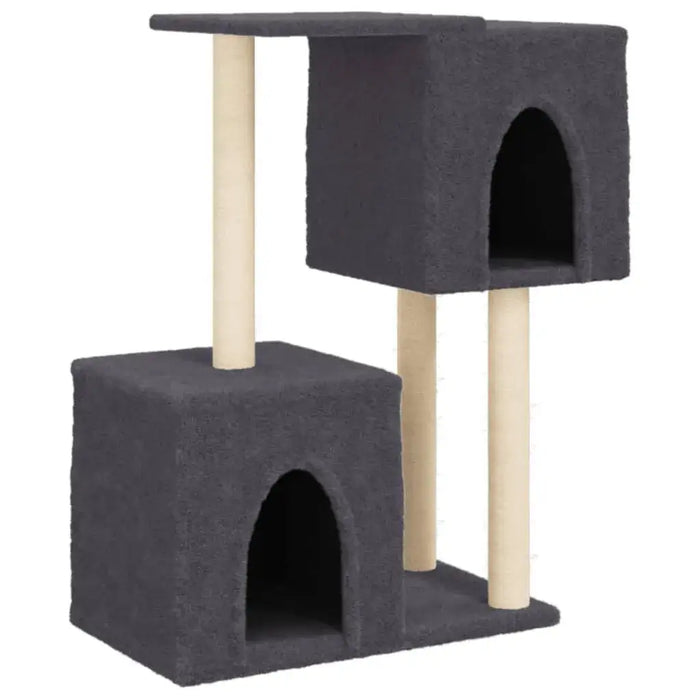 Dark grey multi-level cat tree with sisal posts, platforms, and two cubed houses