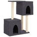 Dark grey multi-level cat tree with sisal posts, platforms, and two cubed houses