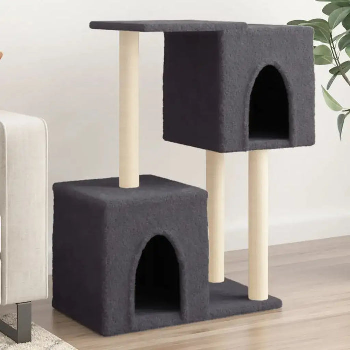 Dark grey multi-level cat tree with sisal posts and platforms in a modern living room