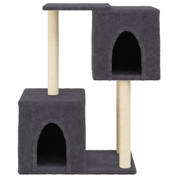 Dark grey multi-level cat tree with sisal posts, two cubby houses, and top platform