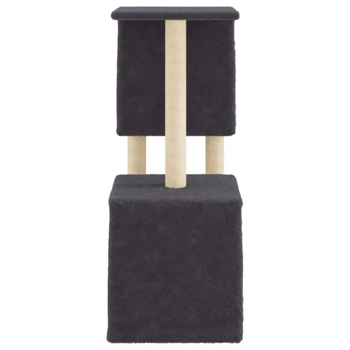 Dark grey multi-level cat tree with sisal posts and two box platforms