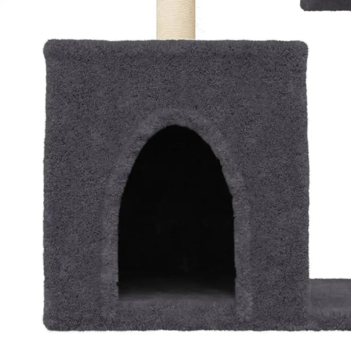 dark grey cat tree with sisal post and plush cat house