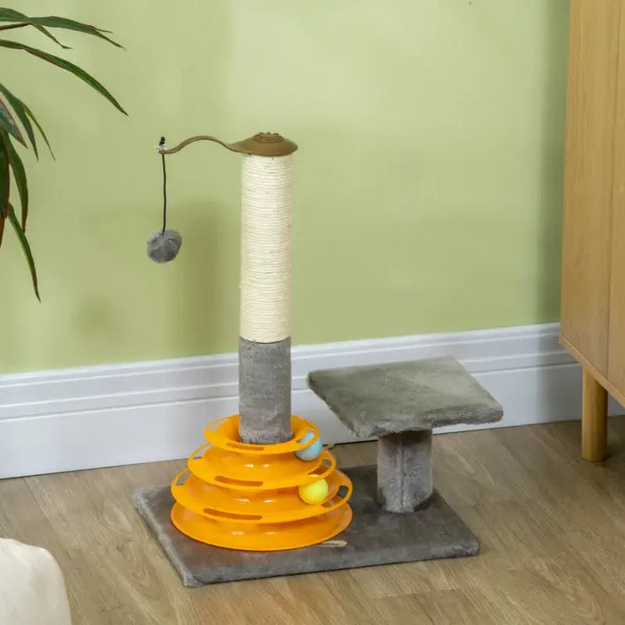 Cat Tree – Grey | Interactive Cat Tower with Scratching Post, Toy Balls and Raised Platform PAWHUT - Little and Giant Explorers PawHut