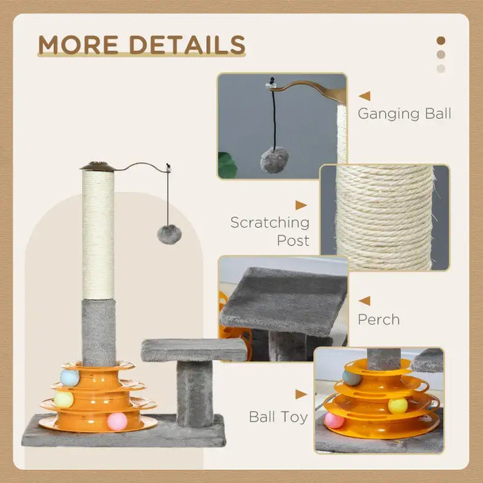 Cat Tree – Grey | Interactive Cat Tower with Scratching Post, Toy Balls and Raised Platform PAWHUT - Little and Giant Explorers PawHut