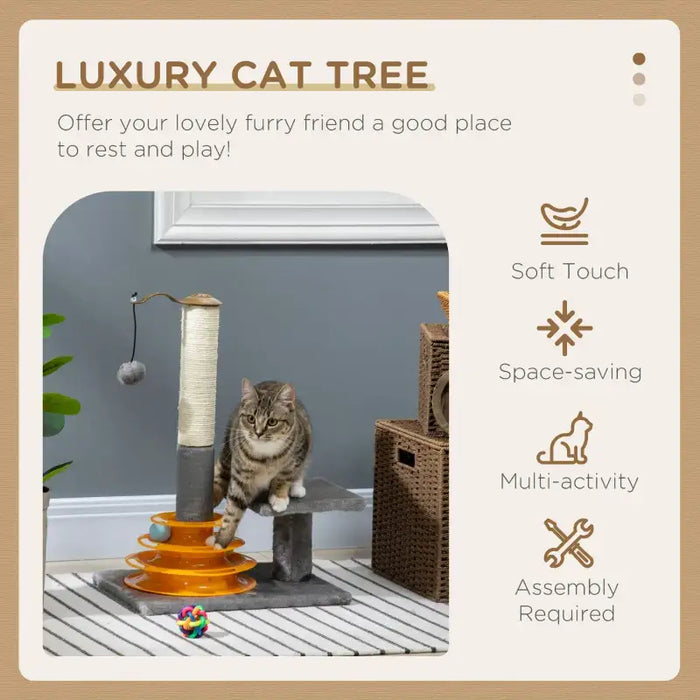 Cat Tree – Grey | Interactive Cat Tower with Scratching Post, Toy Balls and Raised Platform PAWHUT - Little and Giant Explorers PawHut