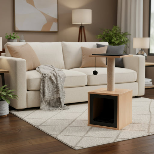 Compact brown and black cat tree house with scratching post in modern living room