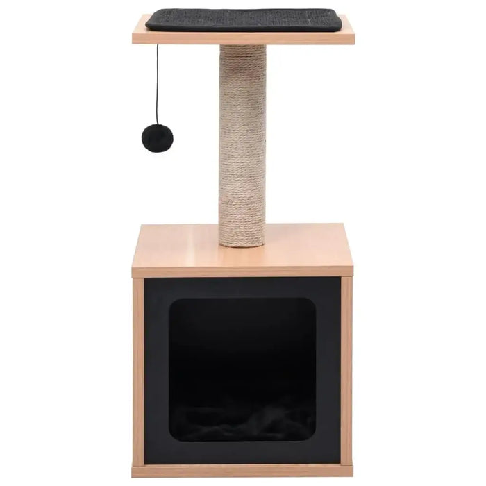 Compact brown and black cat tree house with scratching post and hanging ball toy