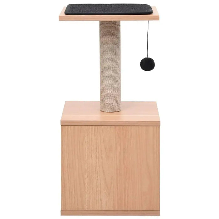 Compact cat tree house in light wood with scratching post, black bed, and hanging ball