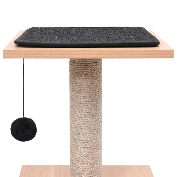 Compact cat tree house with brown wood, black mat, sisal scratching post, and hanging toy ball