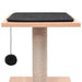 Compact cat tree house with brown wood, black mat, sisal scratching post, and hanging toy ball