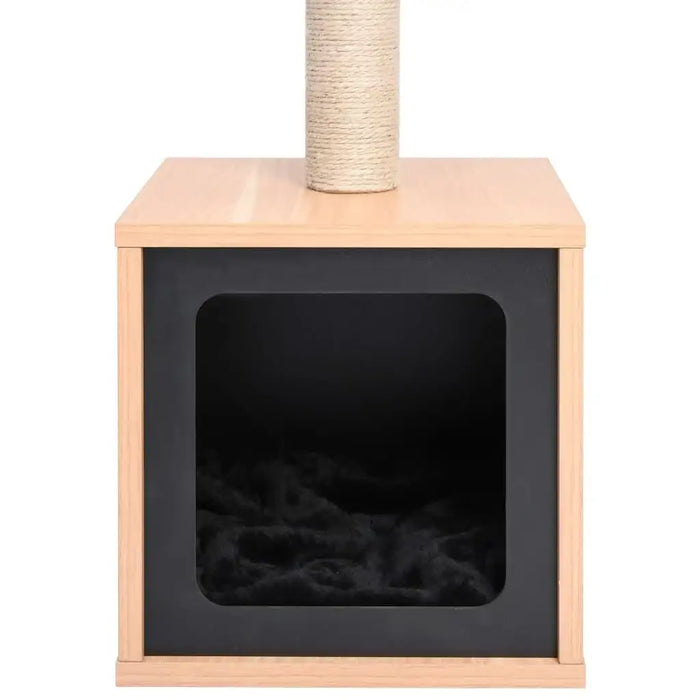 Brown and black cat tree house with sisal scratching post and a cozy enclosed cubby