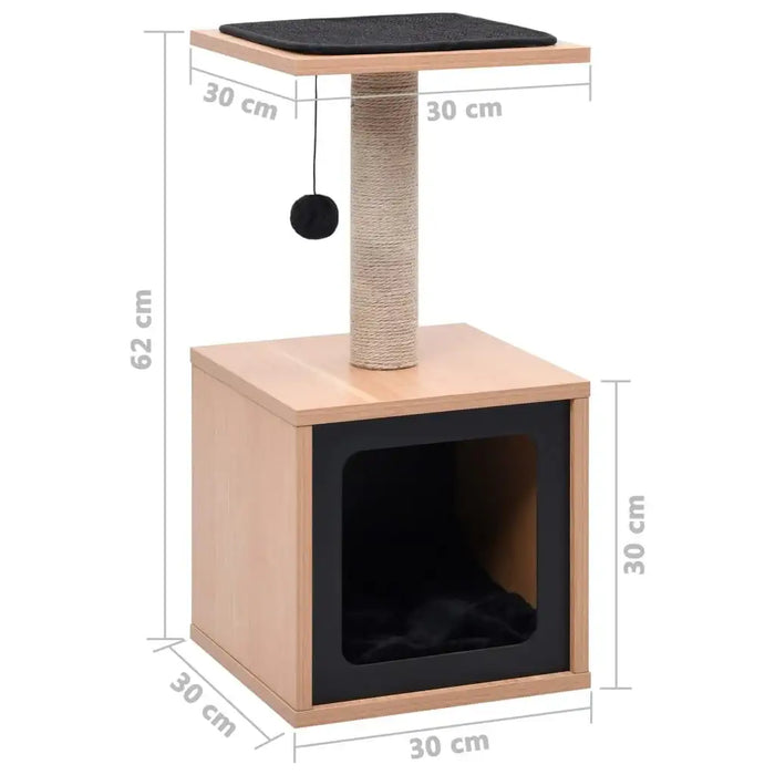 Compact brown and black cat tree house with scratching post, condo, and hanging ball toy.