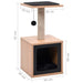 Compact brown and black cat tree house with scratching post, condo, and hanging ball toy.
