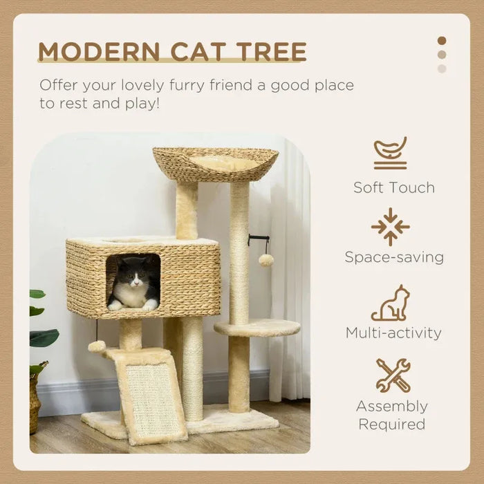 Cat Tree Tower with Scratching Post, Cat House, Toy Ball and Platform - Little and Giant Explorers PawHut