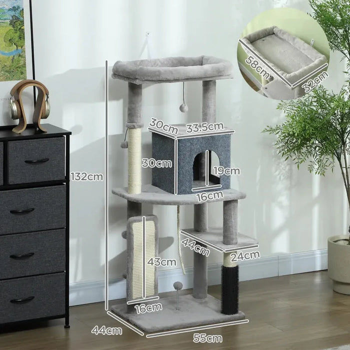 Cat Tree with Jumping Platform and House in Light Grey 132cm - Little and Giant Explorers PawHut