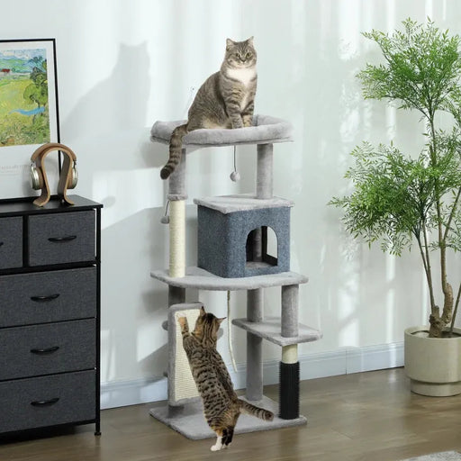 Cat Tree with Jumping Platform and House in Light Grey 132cm - Little and Giant Explorers PawHut