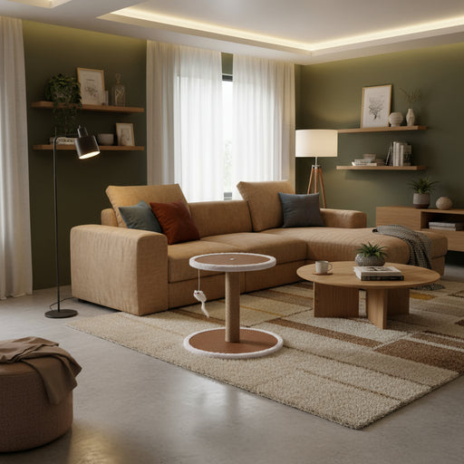 Brown cat tree with hanging mouse toy in modern living room, compact pet play stand