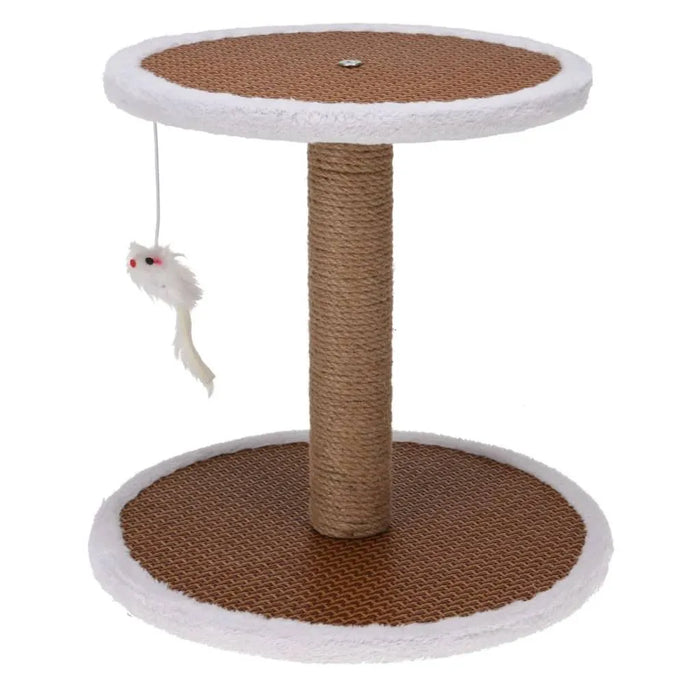 Brown compact cat tree play stand with sisal post and hanging white mouse toy