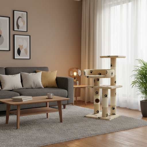 Cat tree with paw print design and sisal scratch posts in modern living room