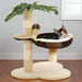 Cat lounging on beige and brown cat tree with sisal scratch posts and faux tropical leaves